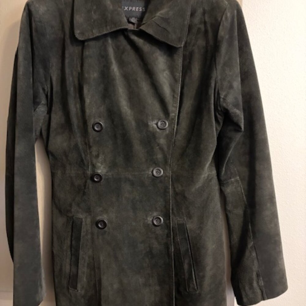 Express XS Dark Chocolate Brown Suede Women's Double Breasted Trench Coat 29"